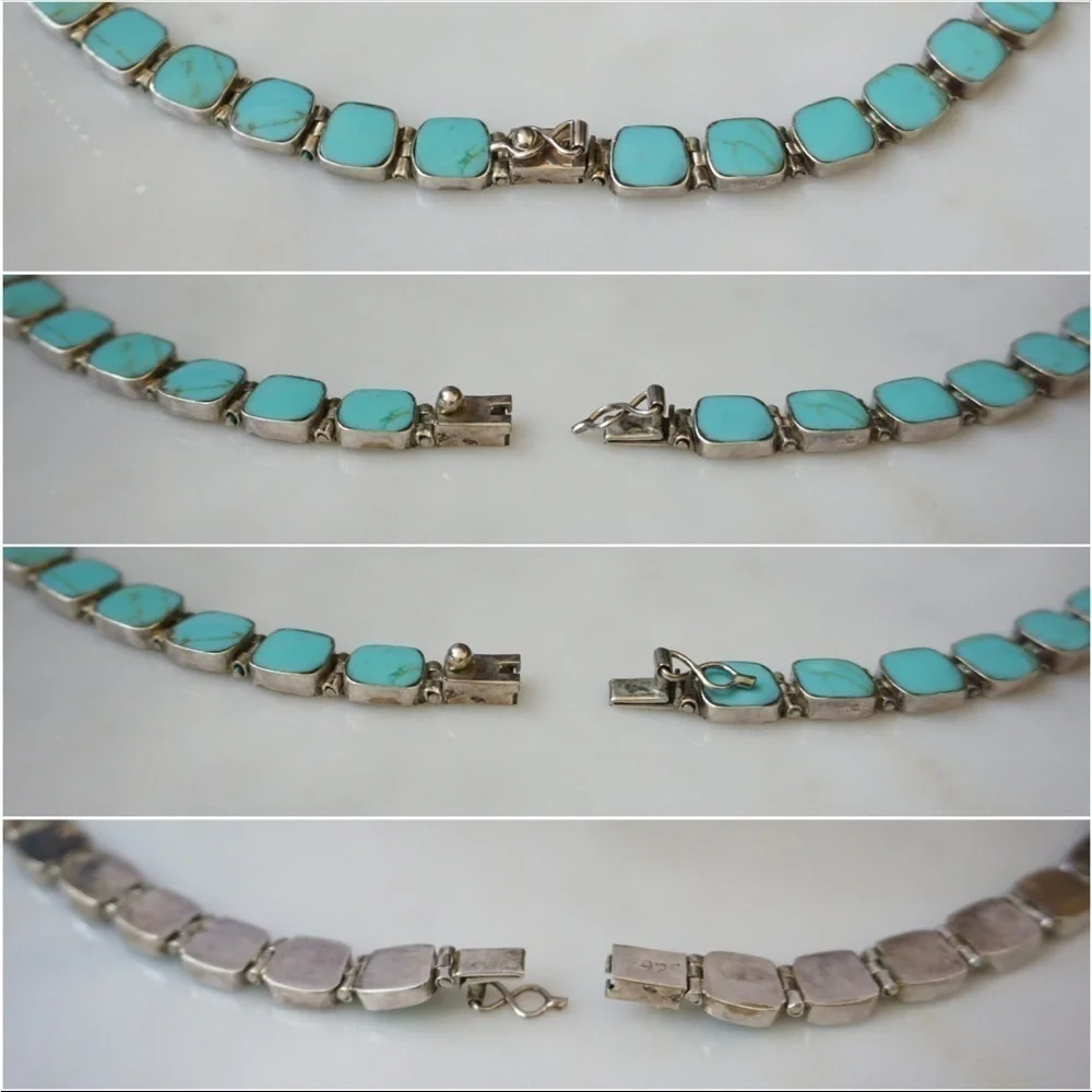 Vintage hand-cut Chilean Turquoise 925 silver earring and necklace set - Picture 5 of 10